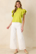 Women's Watch Her Work Chartreuse Green Knit Flutter Sleeve Top | 60% Cotton & 40% Acrylic 4