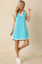 Women's Well Defined Aqua Blue Jersey Knit Contrast Trim Sleeveless Mini Dress | 55% Rayon 0