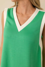 Women's Well Defined Green Jersey Knit Contrast Trim Sleeveless Mini Dress | 55% Rayon 3
