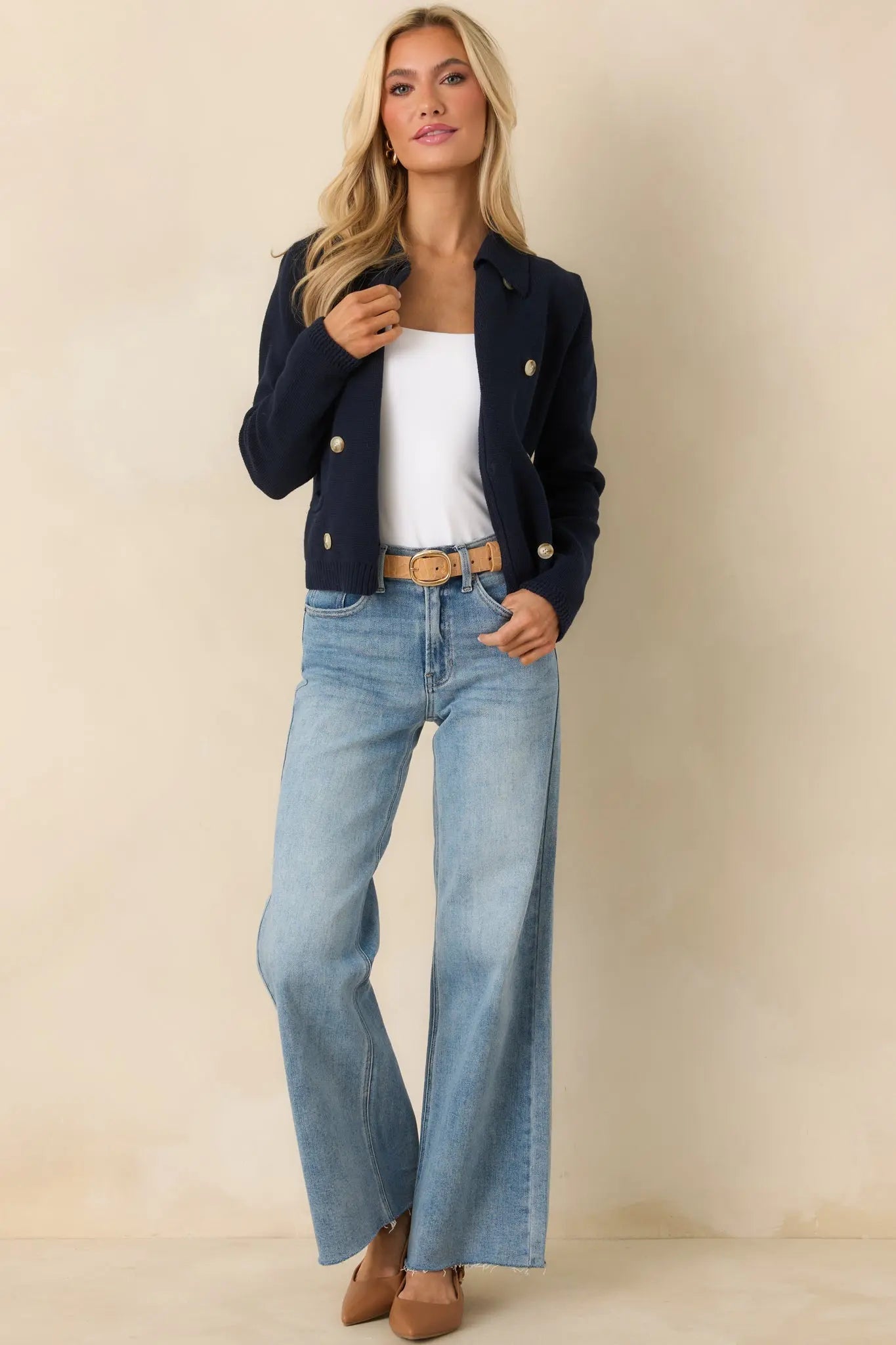 Women's Well Kept Secrets Navy Knit Cotton Double Breasted Cardigan | 100% Cotton 0