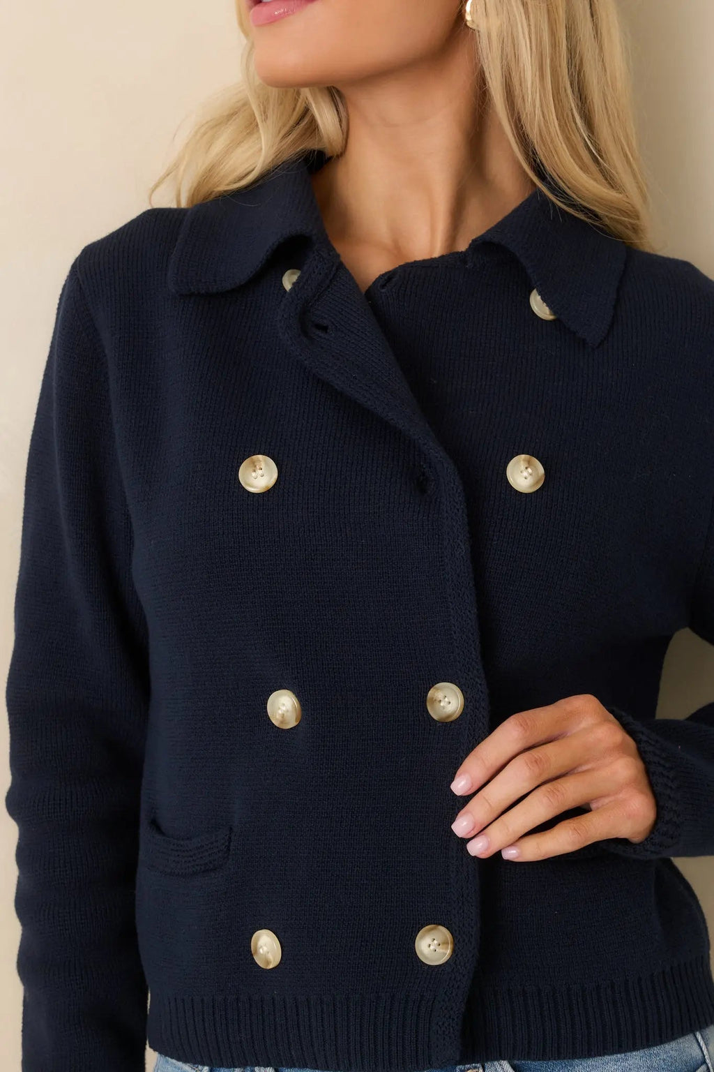 Women's Well Kept Secrets Navy Knit Cotton Double Breasted Cardigan | 100% Cotton 2
