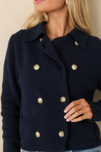 Women's Well Kept Secrets Navy Knit Cotton Double Breasted Cardigan | 100% Cotton 2