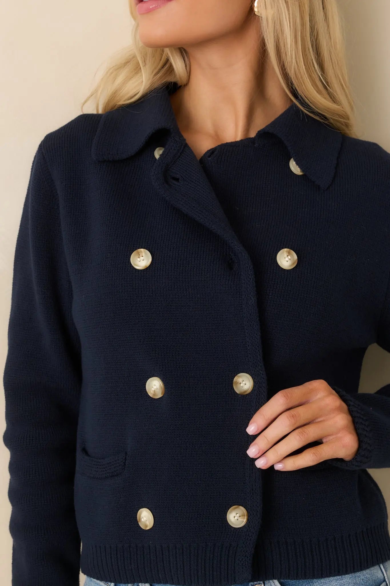 Women's Well Kept Secrets Navy Knit Cotton Double Breasted Cardigan | 100% Cotton 2