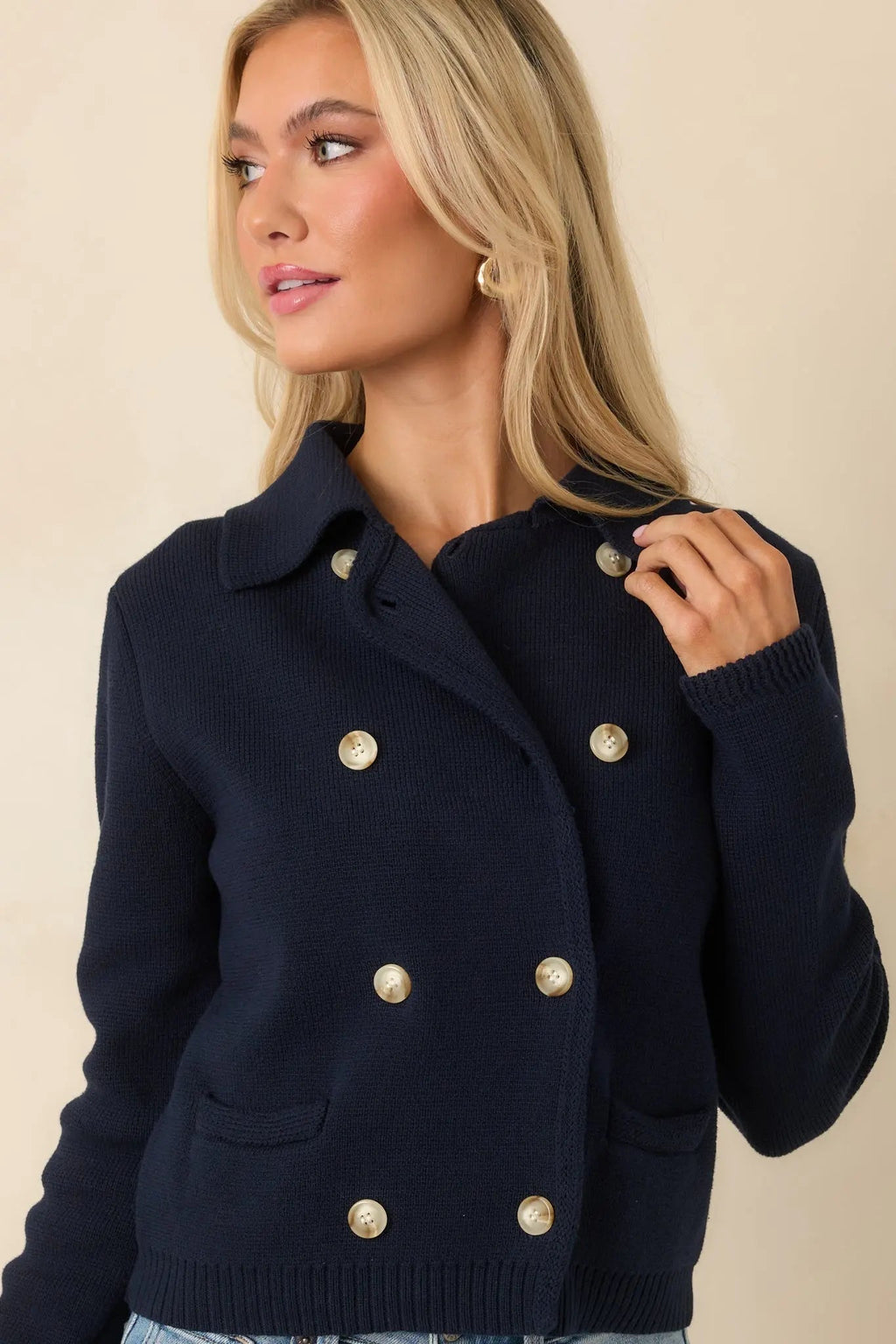 Women's Well Kept Secrets Navy Knit Cotton Double Breasted Cardigan | 100% Cotton 6