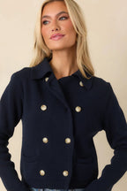 Women's Well Kept Secrets Navy Knit Cotton Double Breasted Cardigan | 100% Cotton 7