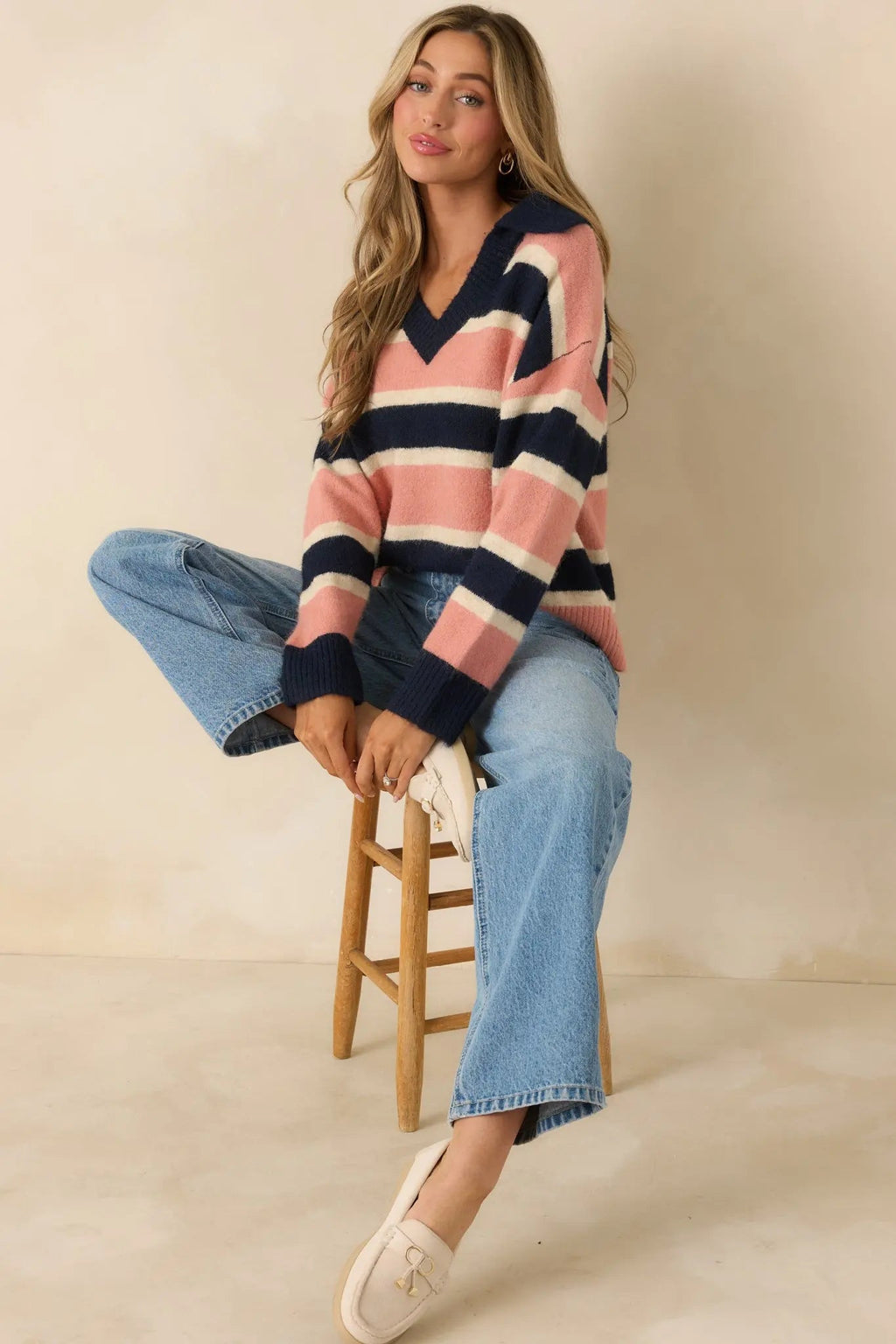 Women's Well Played Navy & Mauve Brushed Knit Striped V-Neck Collared Sweater | 70% Polyester 0