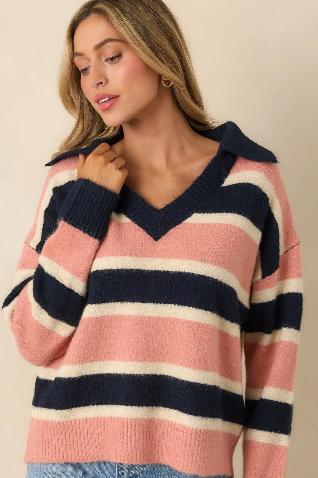 Women's Well Played Navy & Mauve Brushed Knit Striped V-Neck Collared Sweater | 70% Polyester 1