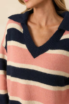 Women's Well Played Navy & Mauve Brushed Knit Striped V-Neck Collared Sweater | 70% Polyester 2