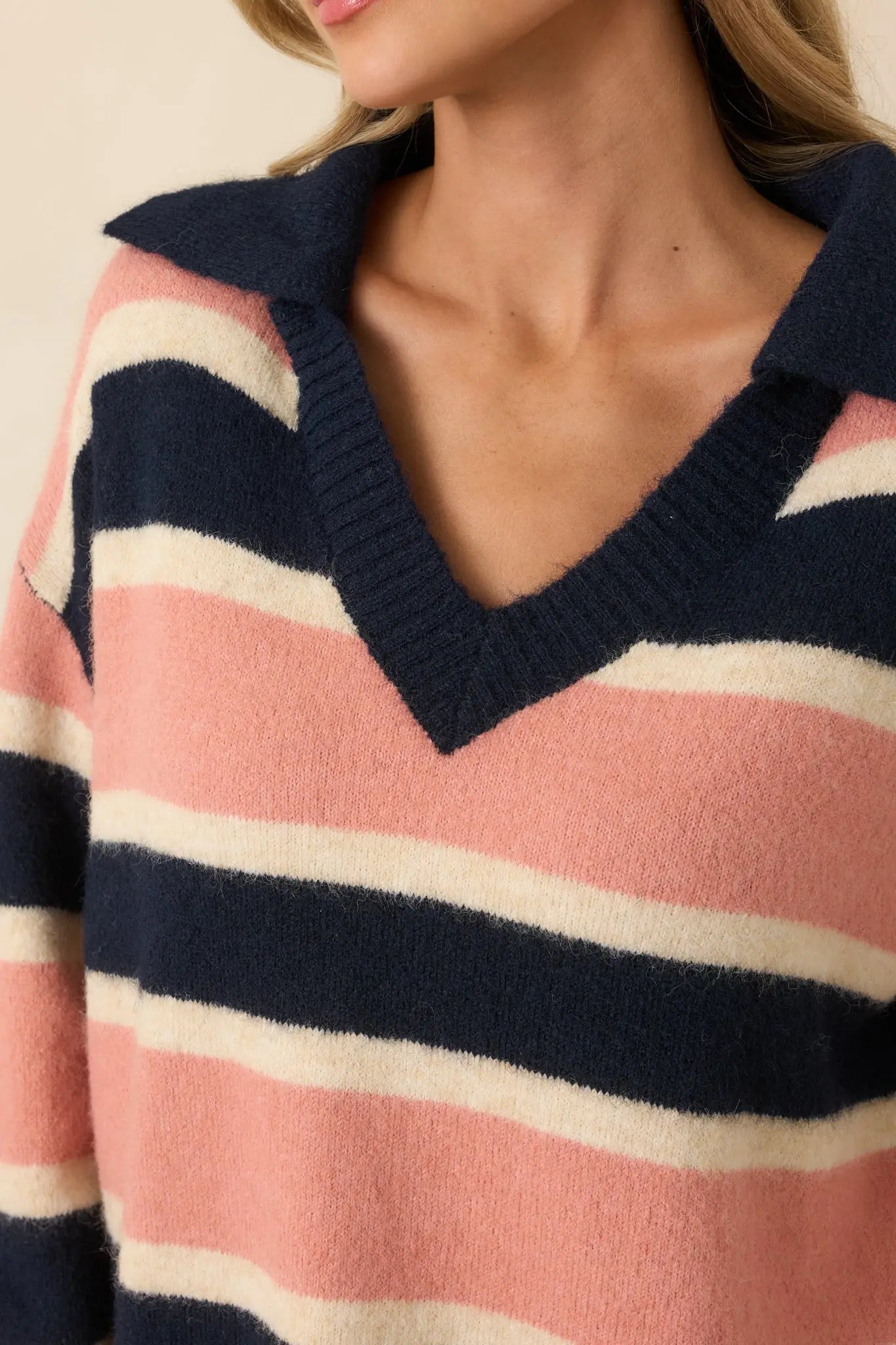 Women's Well Played Navy & Mauve Brushed Knit Striped V-Neck Collared Sweater | 70% Polyester 2