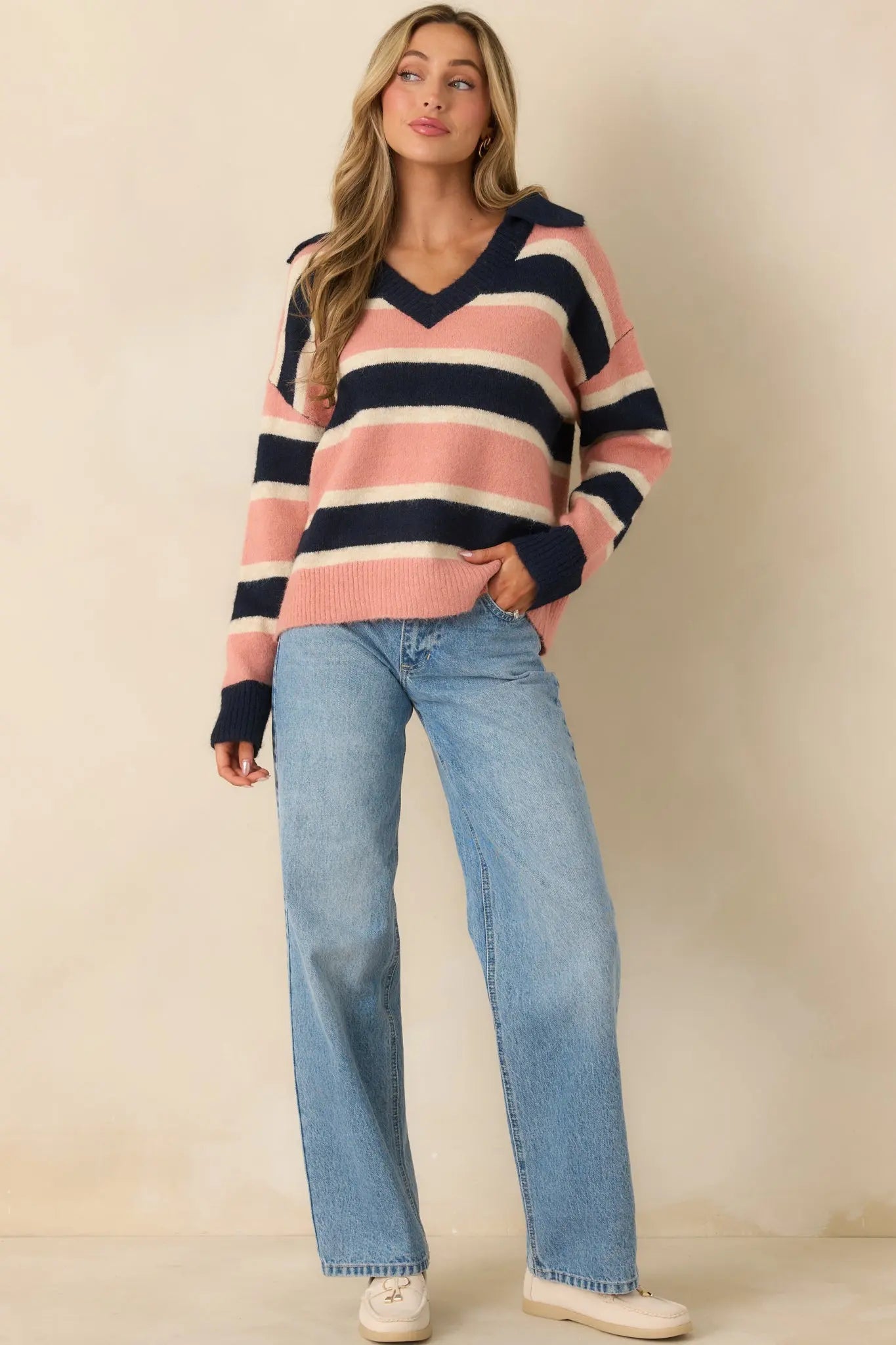 Women's Well Played Navy & Mauve Brushed Knit Striped V-Neck Collared Sweater | 70% Polyester 3