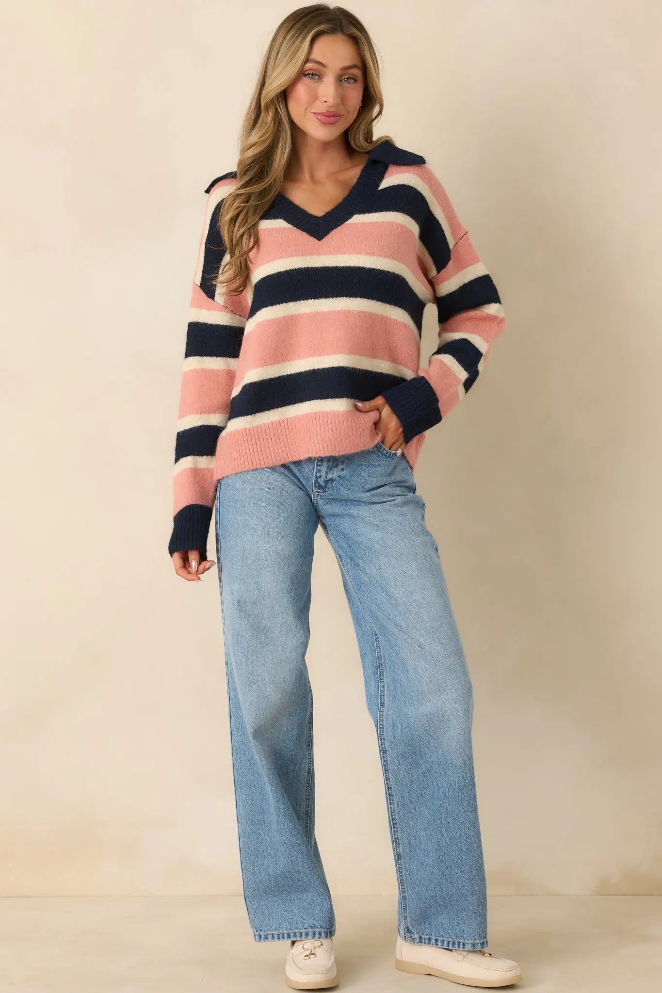 Women's Well Played Navy & Mauve Brushed Knit Striped V-Neck Collared Sweater | 70% Polyester 4