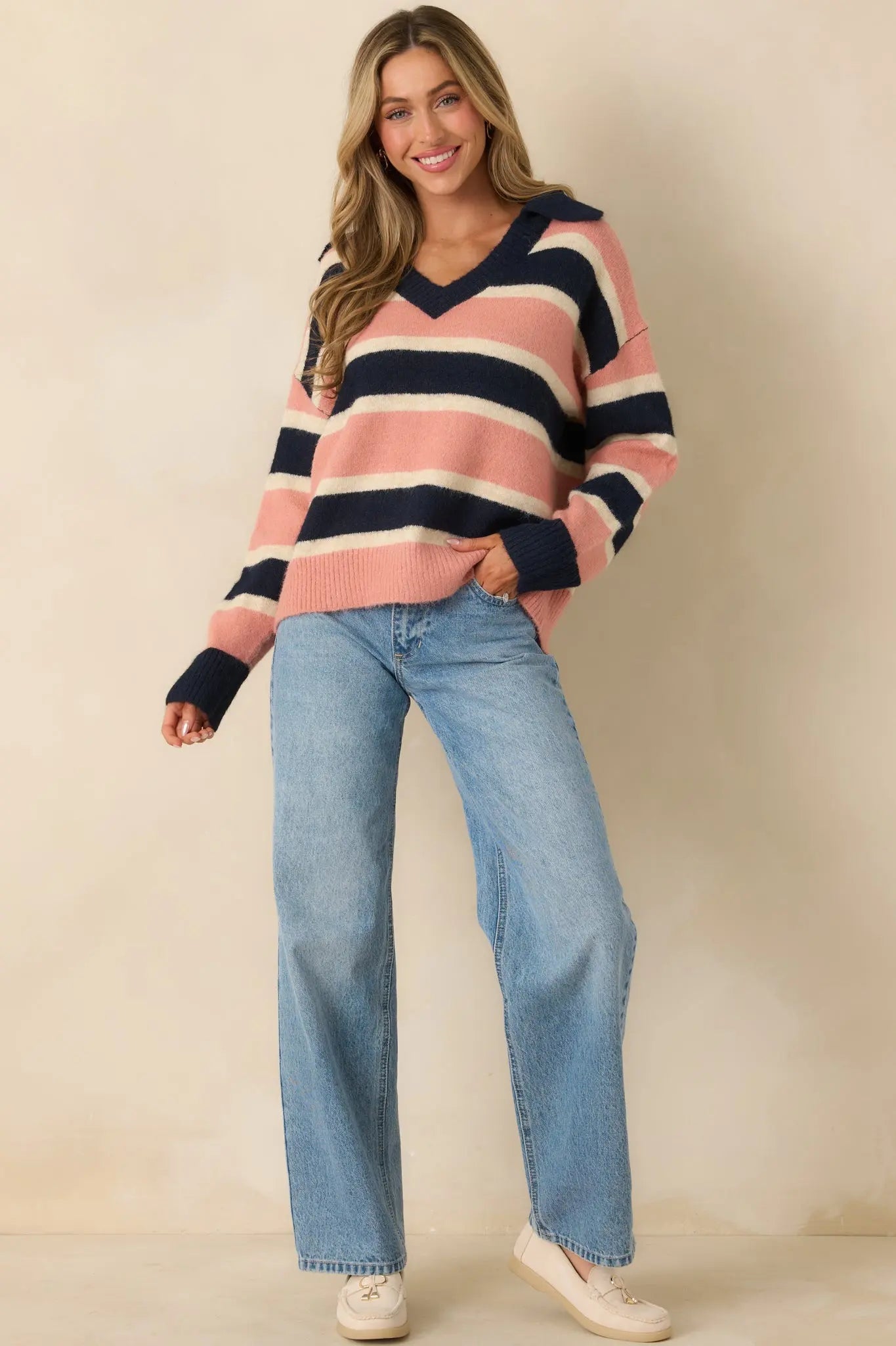 Women's Well Played Navy & Mauve Brushed Knit Striped V-Neck Collared Sweater | 70% Polyester 5