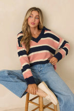 Women's Well Played Navy & Mauve Brushed Knit Striped V-Neck Collared Sweater | 70% Polyester 6