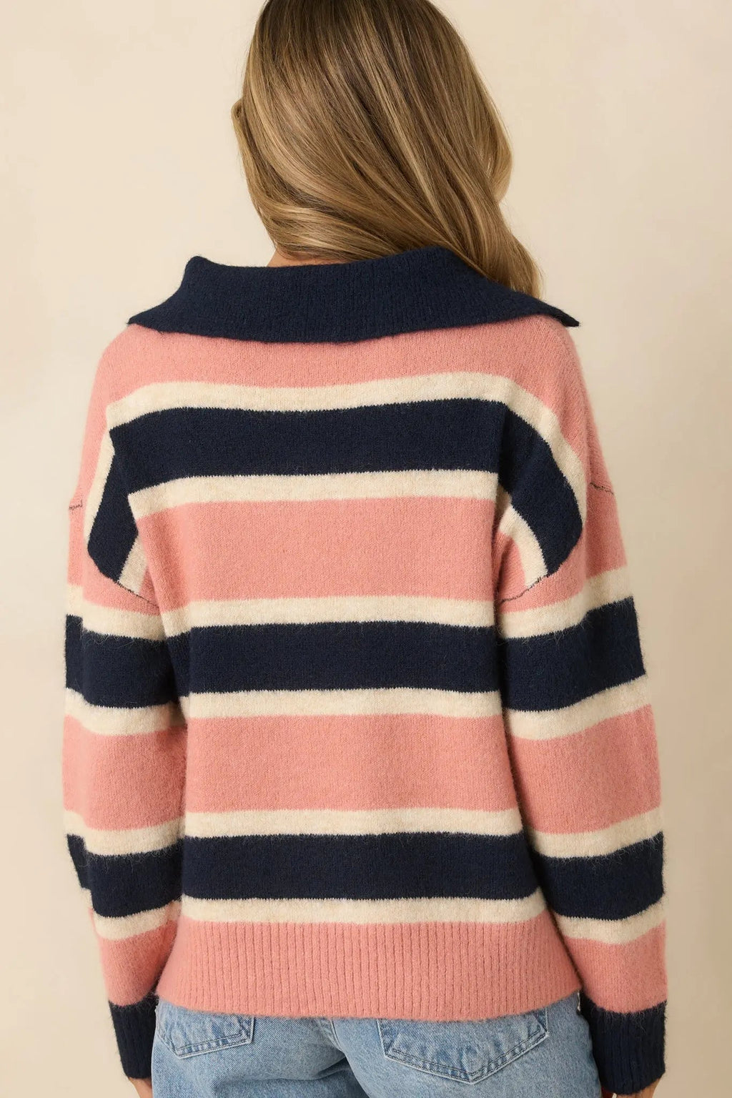 Women's Well Played Navy & Mauve Brushed Knit Striped V-Neck Collared Sweater | 70% Polyester 7