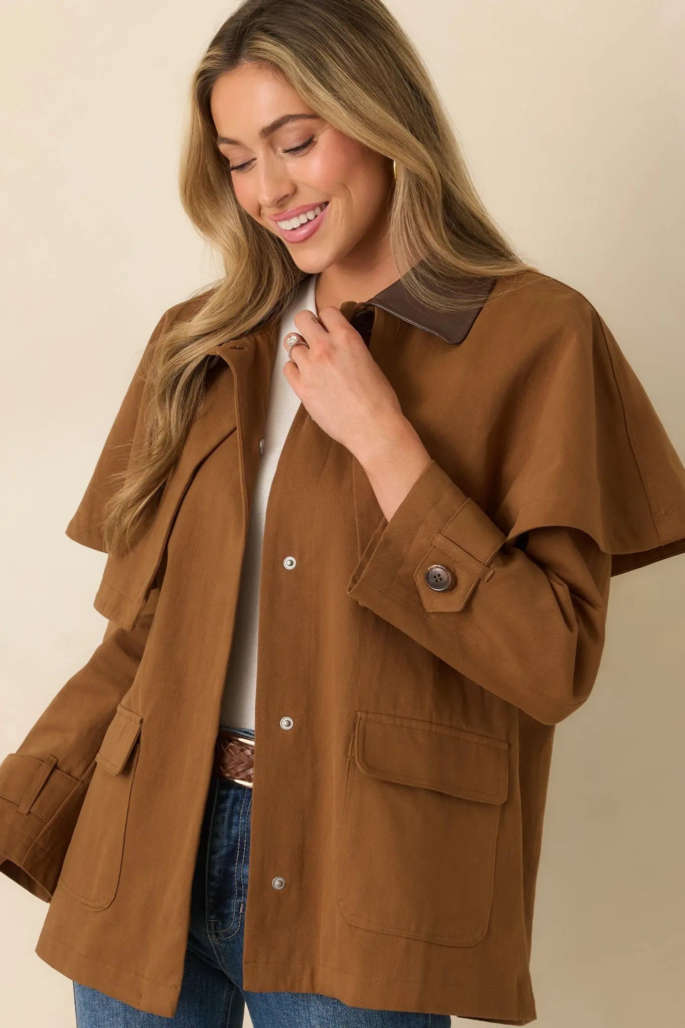 Women's Well Traveled Ways Brown Cotton Cape Back Utility Jacket | 100% Cotton 1