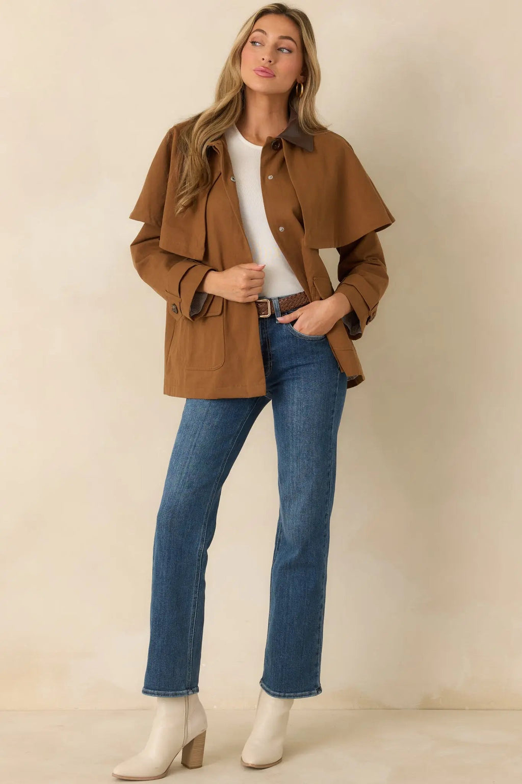 Women's Well Traveled Ways Brown Cotton Cape Back Utility Jacket | 100% Cotton 3