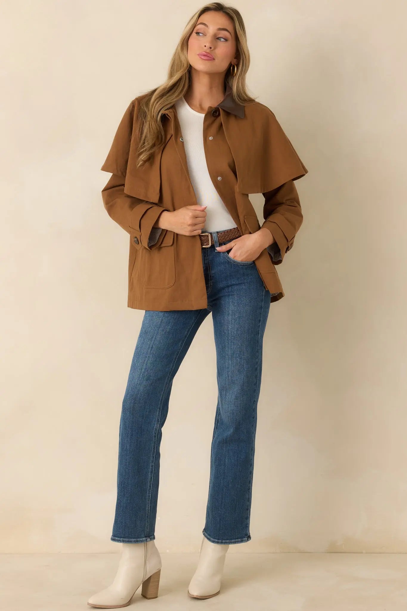 Women's Well Traveled Ways Brown Cotton Cape Back Utility Jacket | 100% Cotton 3
