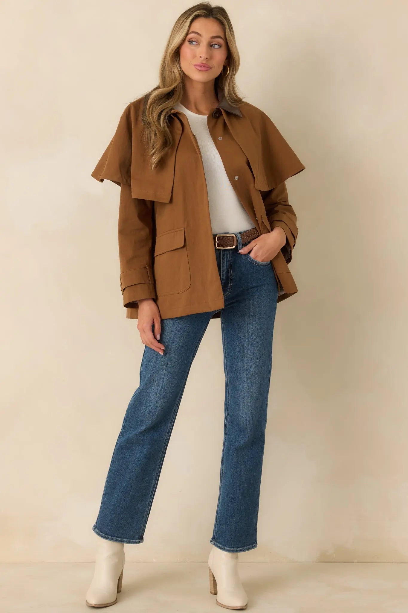 Women's Well Traveled Ways Brown Cotton Cape Back Utility Jacket | 100% Cotton 4