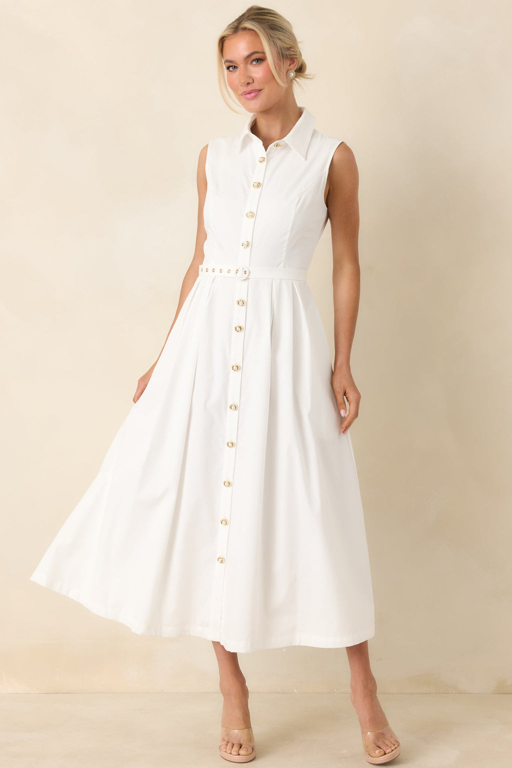 Women's What Can I Say White Cotton Sleeveless Button Front Belted Maxi Dress | 100% Cotton 0