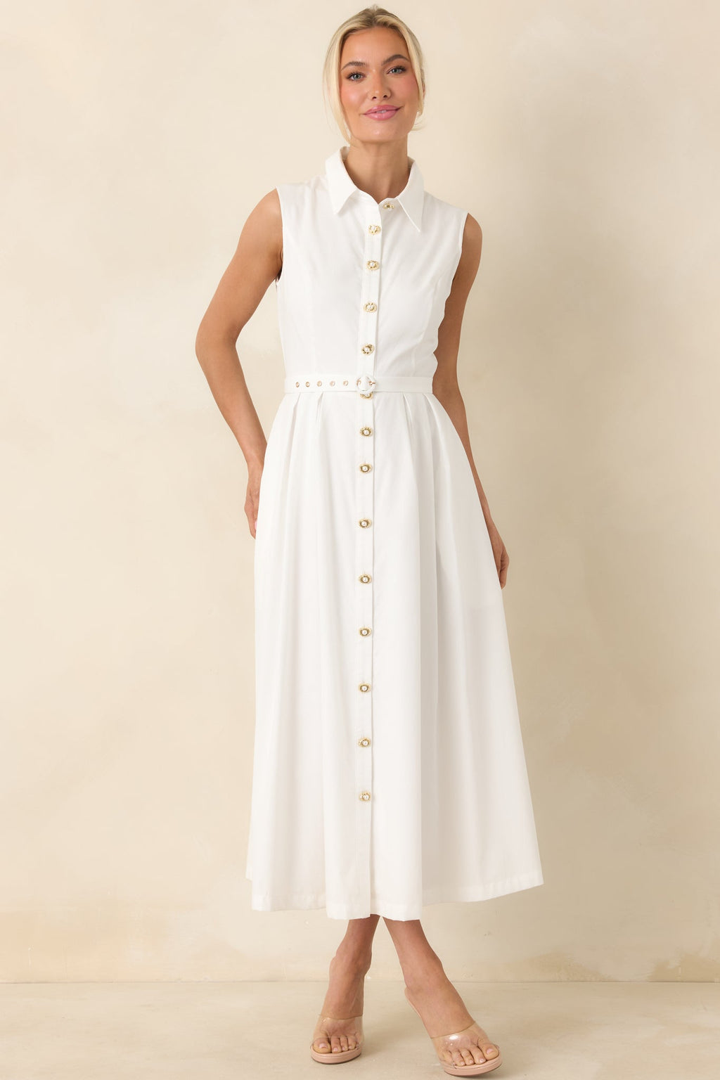 Women's What Can I Say White Cotton Sleeveless Button Front Belted Maxi Dress | 100% Cotton 2