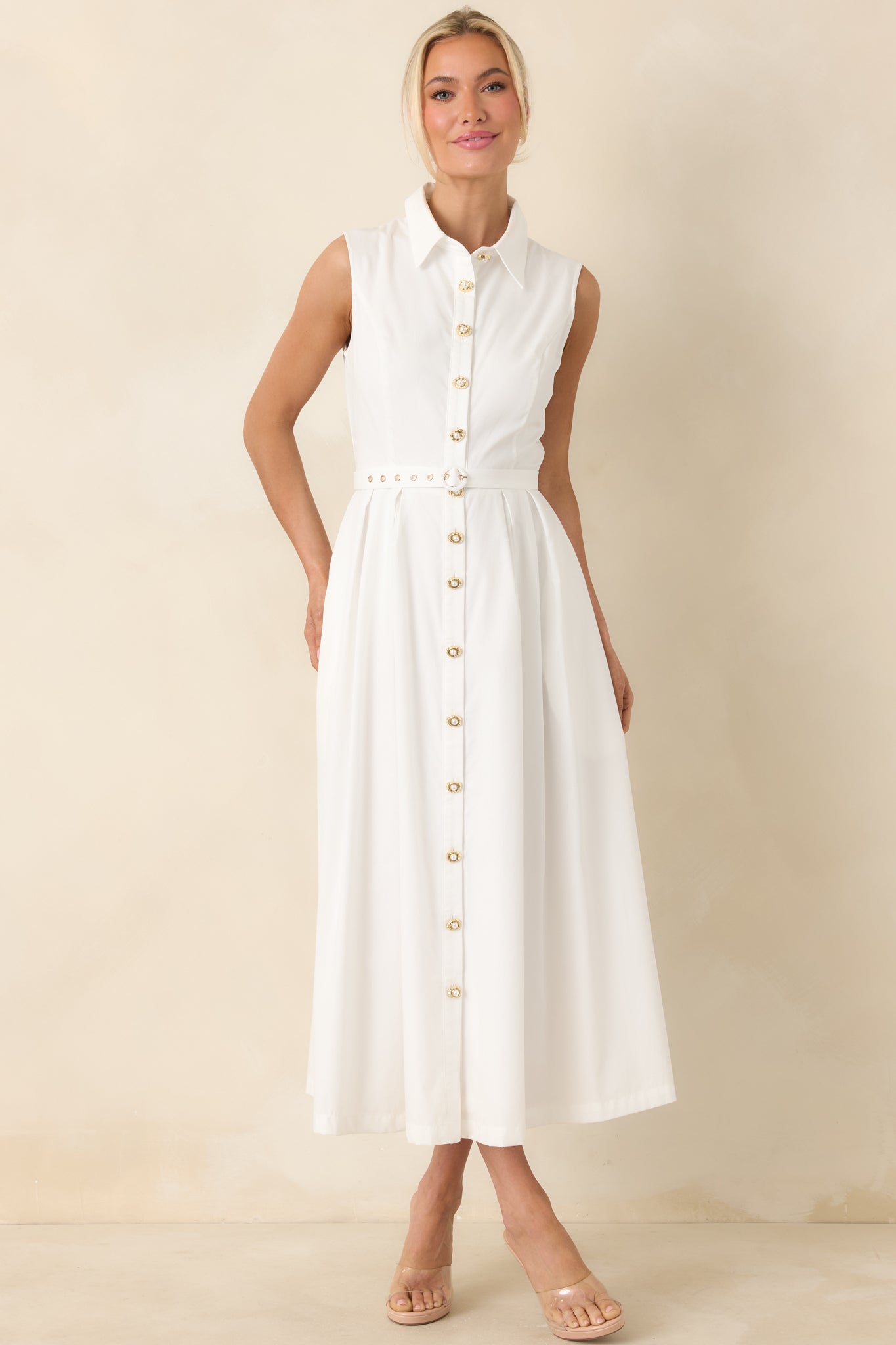 Women's What Can I Say White Cotton Sleeveless Button Front Belted Maxi Dress | 100% Cotton 2