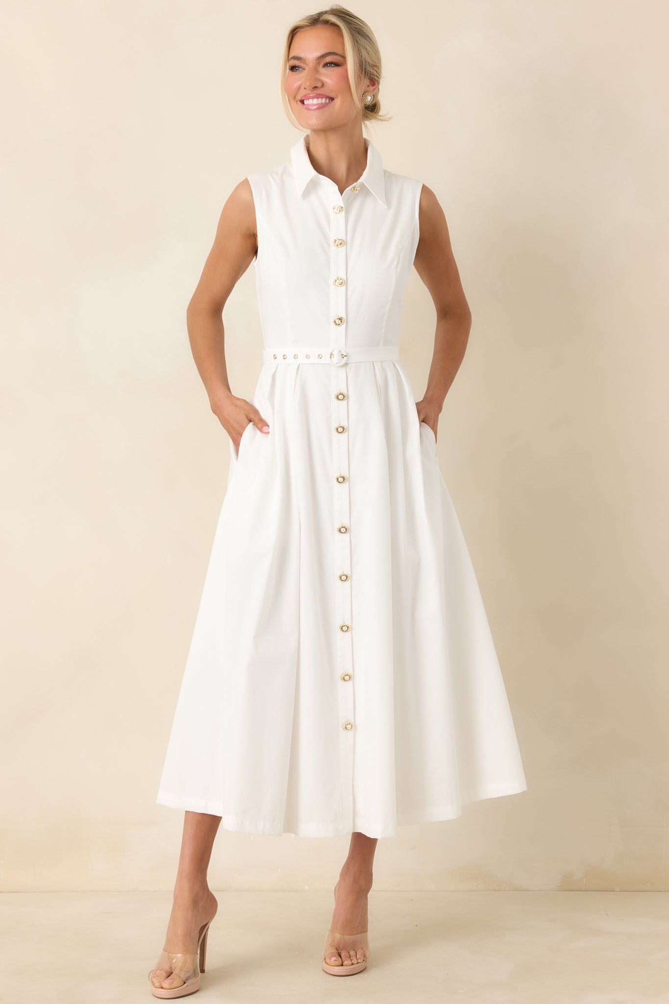 Women's What Can I Say White Cotton Sleeveless Button Front Belted Maxi Dress | 100% Cotton 3