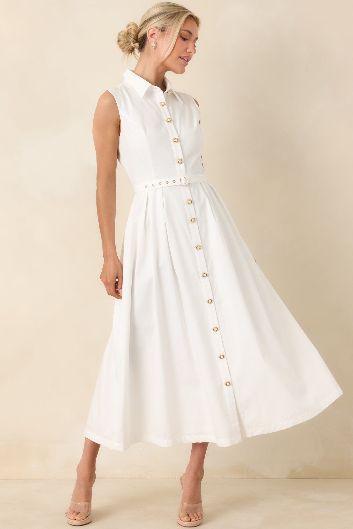 Women's What Can I Say White Cotton Sleeveless Button Front Belted Maxi Dress | 100% Cotton 4