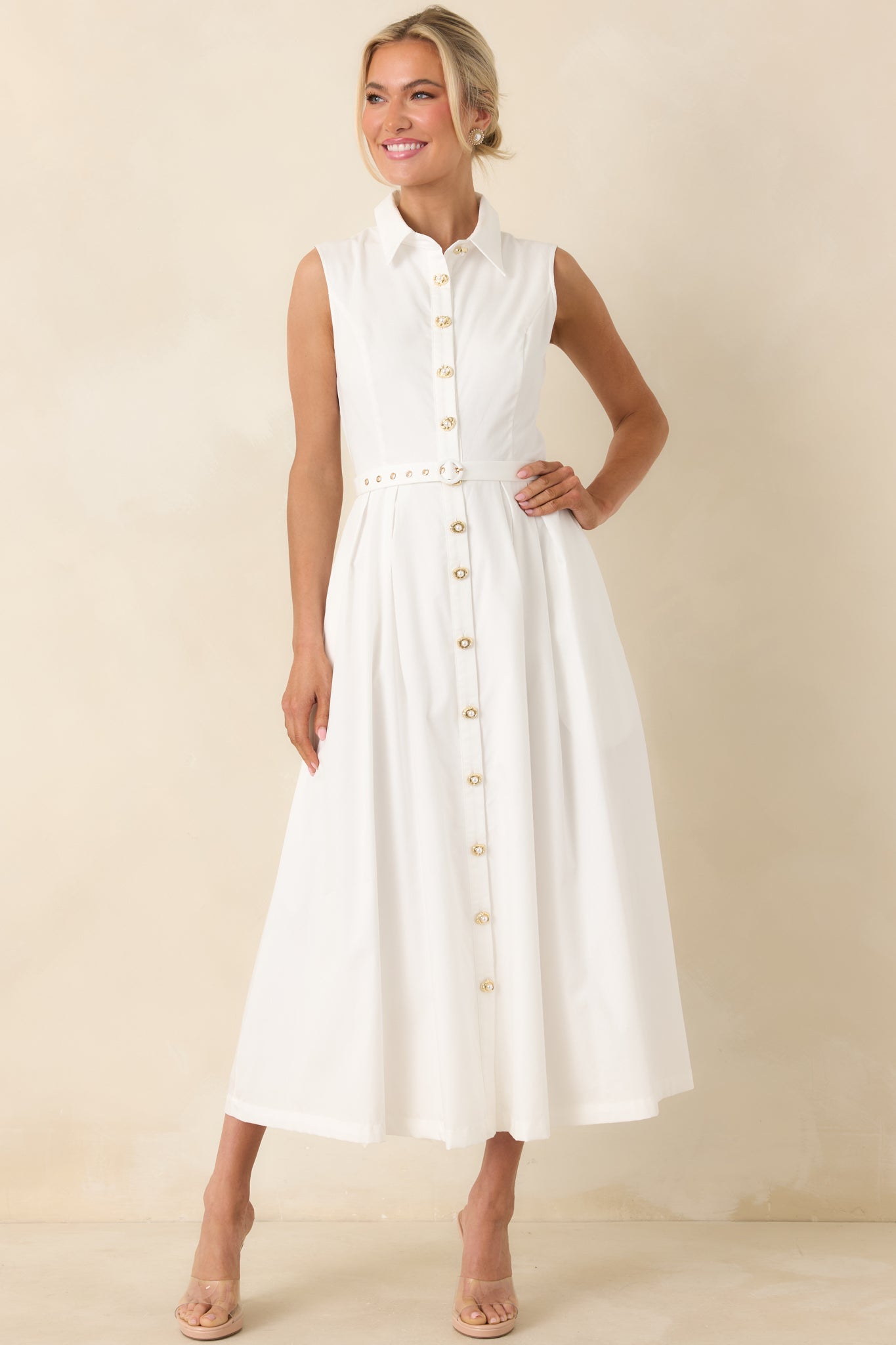 Women's What Can I Say White Cotton Sleeveless Button Front Belted Maxi Dress | 100% Cotton 5