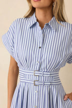 Women's What’s to Come Blue Stripe Belted Button Front Midi Dress | 63% Polyester & 35% Cotton 1