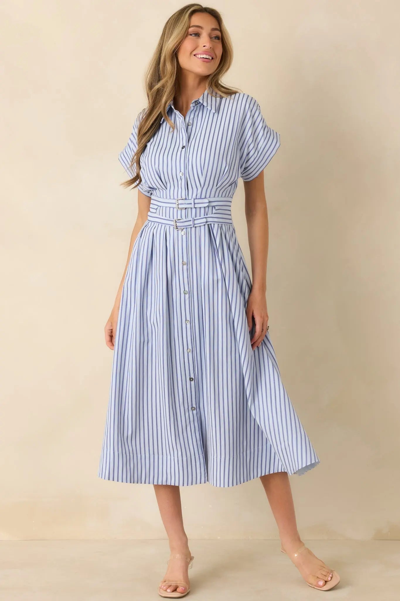 Women's What’s to Come Blue Stripe Belted Button Front Midi Dress | 63% Polyester & 35% Cotton 3