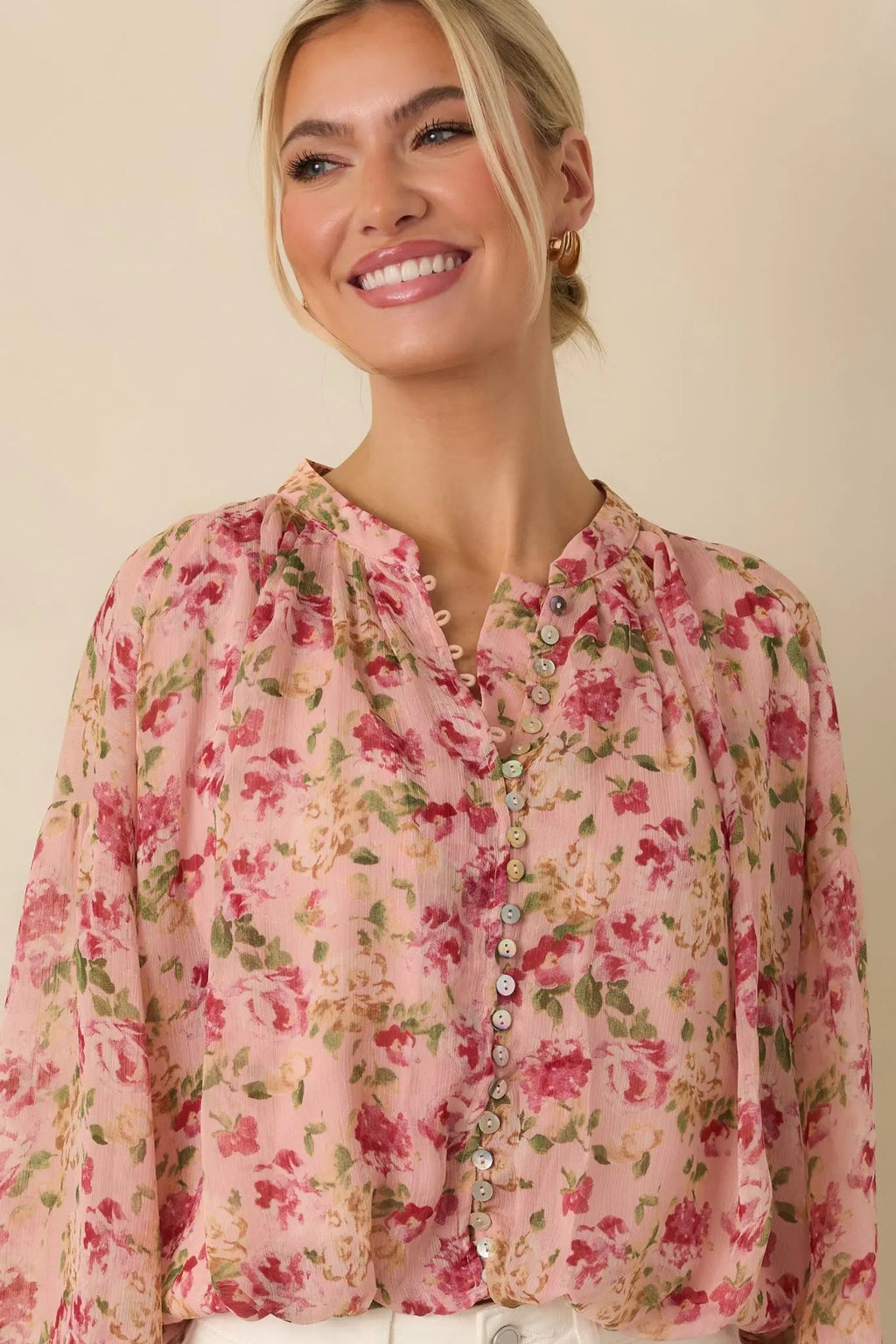 Women's Where Roses Drift Blush Pink Multi Floral Sheer Blouse | 100% Polyester 1