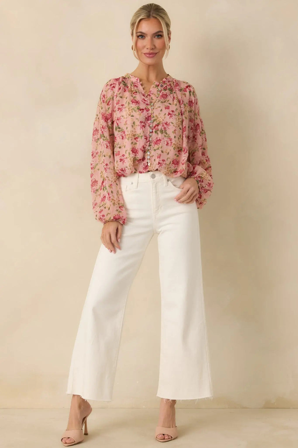 Women's Where Roses Drift Blush Pink Multi Floral Sheer Blouse | 100% Polyester 3