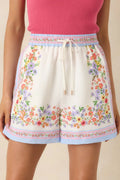 Women's Where You Found Me Ivory Multi Floral Drawstring Shorts | 70% Rayon & 30% Linen 0