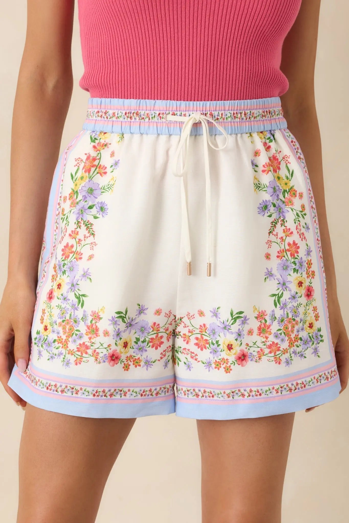Women's Where You Found Me Ivory Multi Floral Drawstring Shorts | 70% Rayon & 30% Linen 0