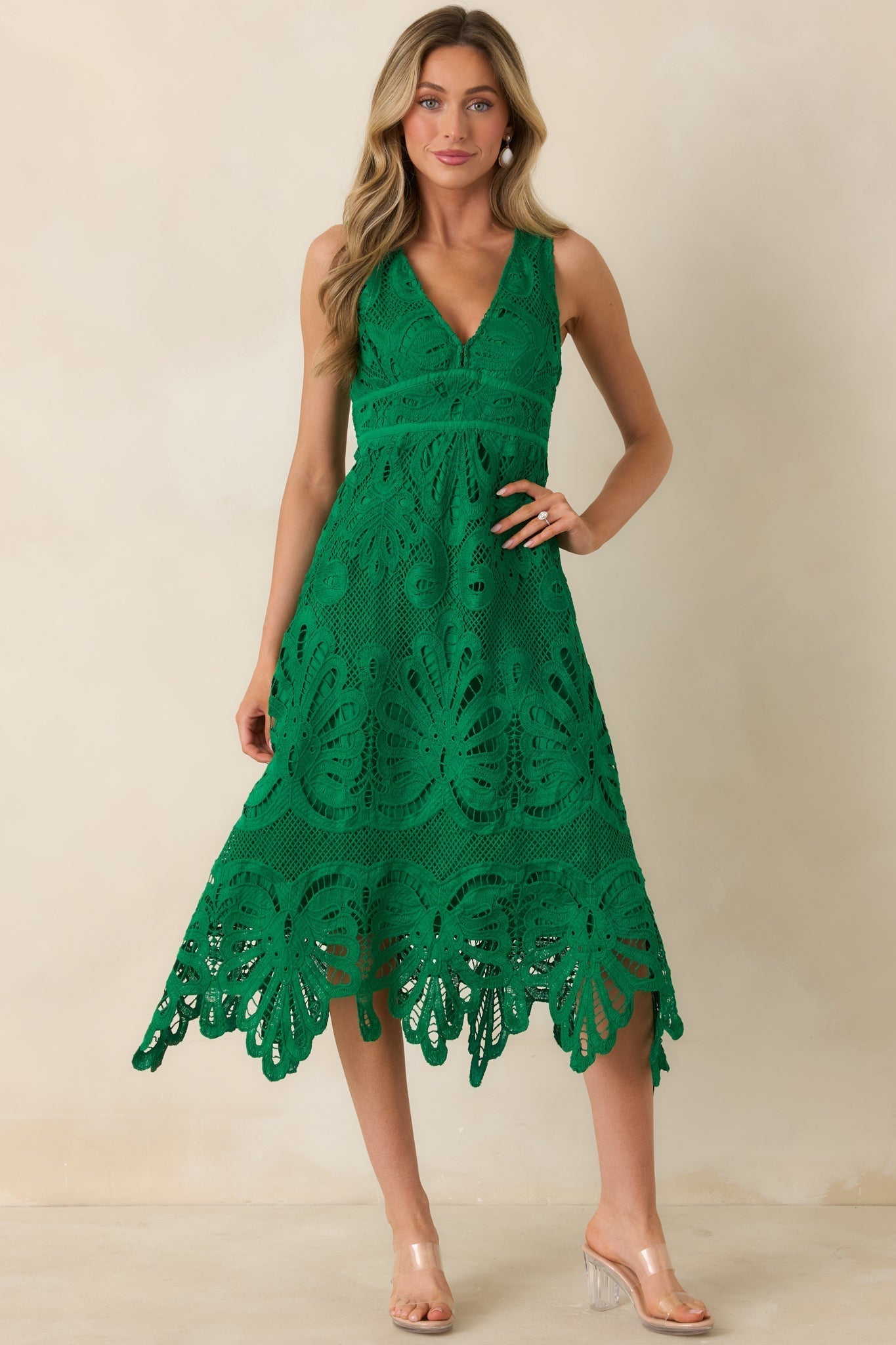 Women's Where the Party Is Green Lace V-Neck Sleeveless Midi Dress | 100% Polyester 0