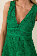 Women's Where the Party Is Green Lace V-Neck Sleeveless Midi Dress | 100% Polyester 1