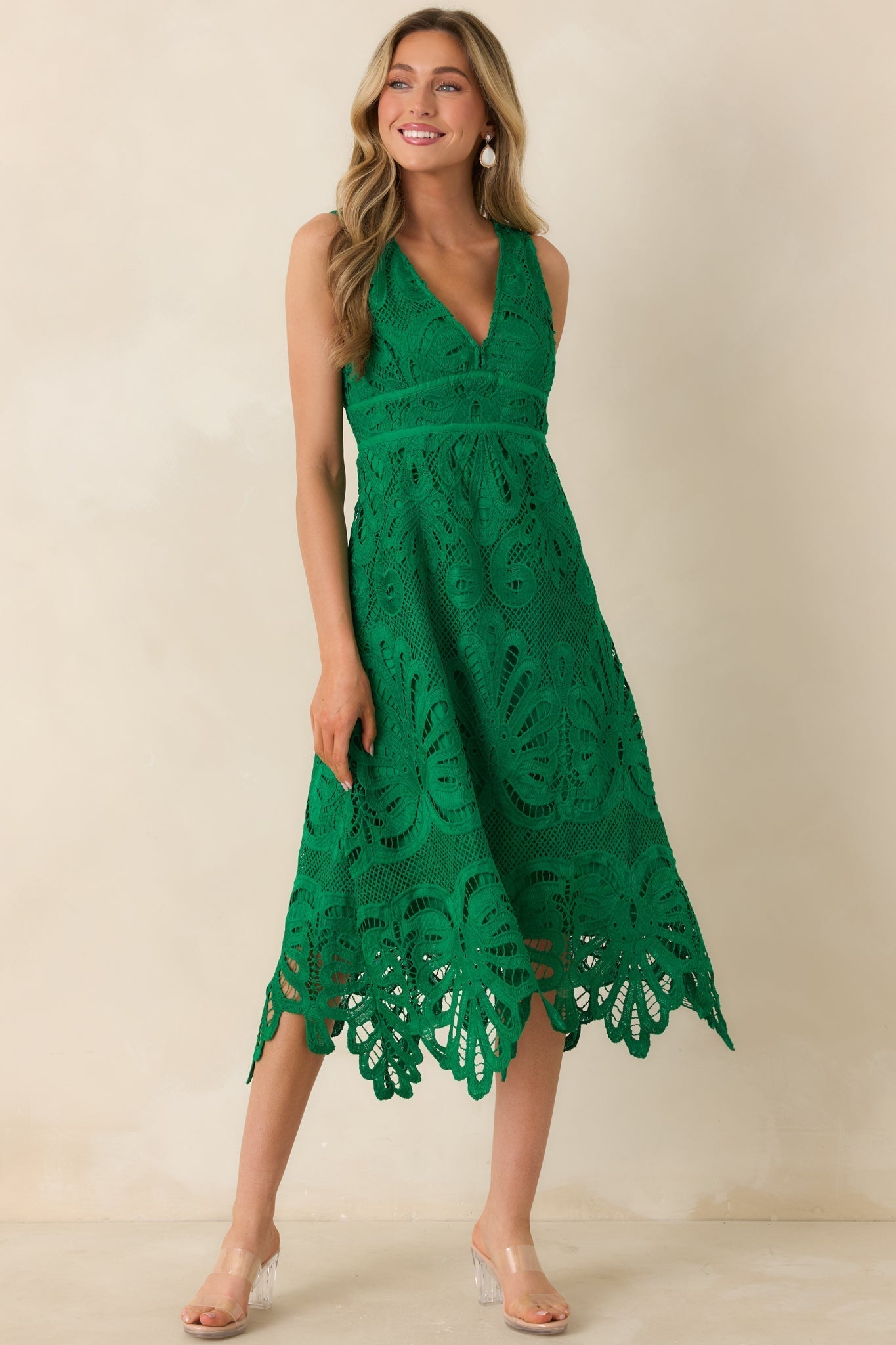 Women's Where the Party Is Green Lace V-Neck Sleeveless Midi Dress | 100% Polyester 2