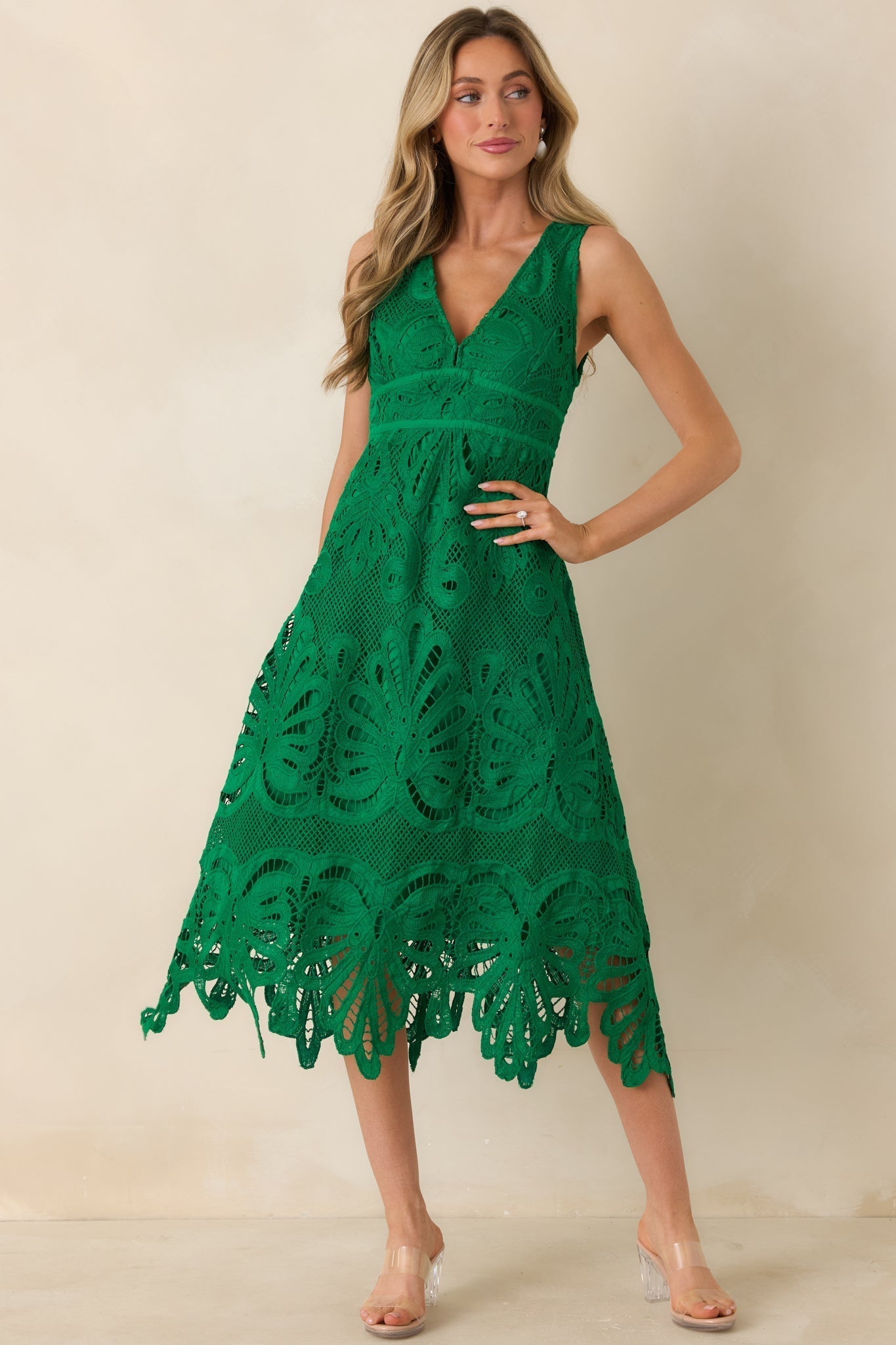 Women's Where the Party Is Green Lace V-Neck Sleeveless Midi Dress | 100% Polyester 3