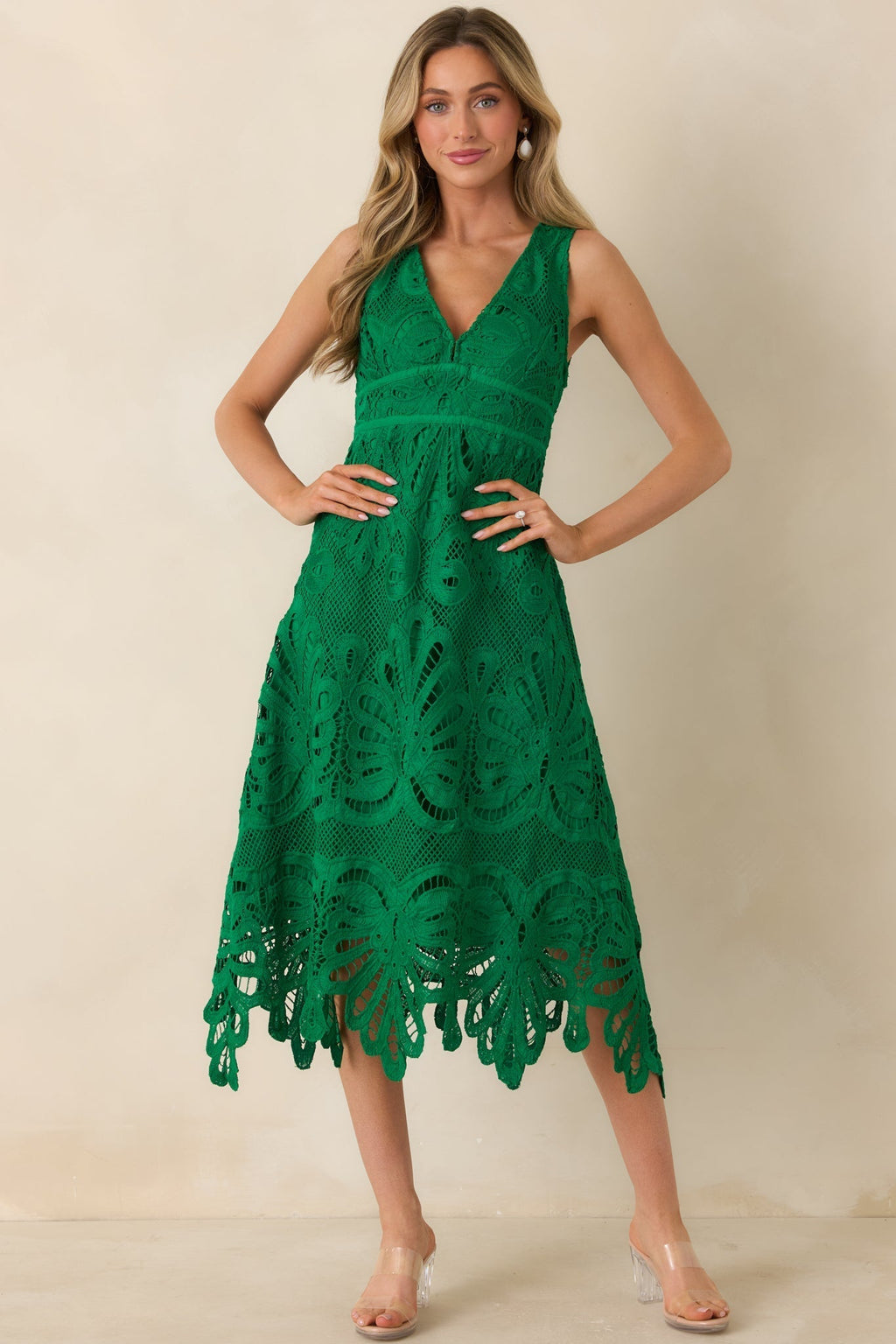 Women's Where the Party Is Green Lace V-Neck Sleeveless Midi Dress | 100% Polyester 5
