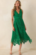 Women's Where the Party Is Green Lace V-Neck Sleeveless Midi Dress | 100% Polyester 6
