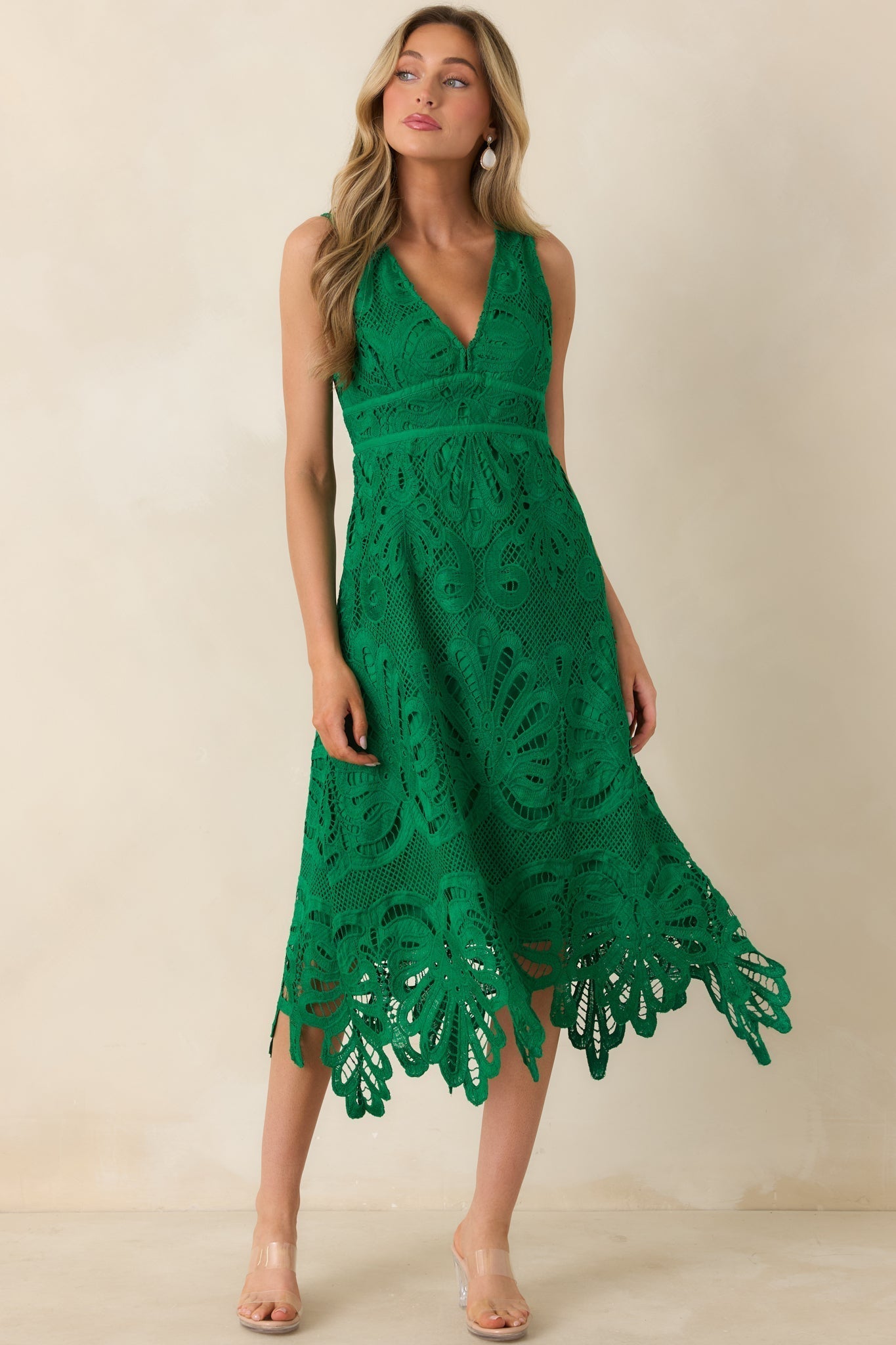 Women's Where the Party Is Green Lace V-Neck Sleeveless Midi Dress | 100% Polyester 6