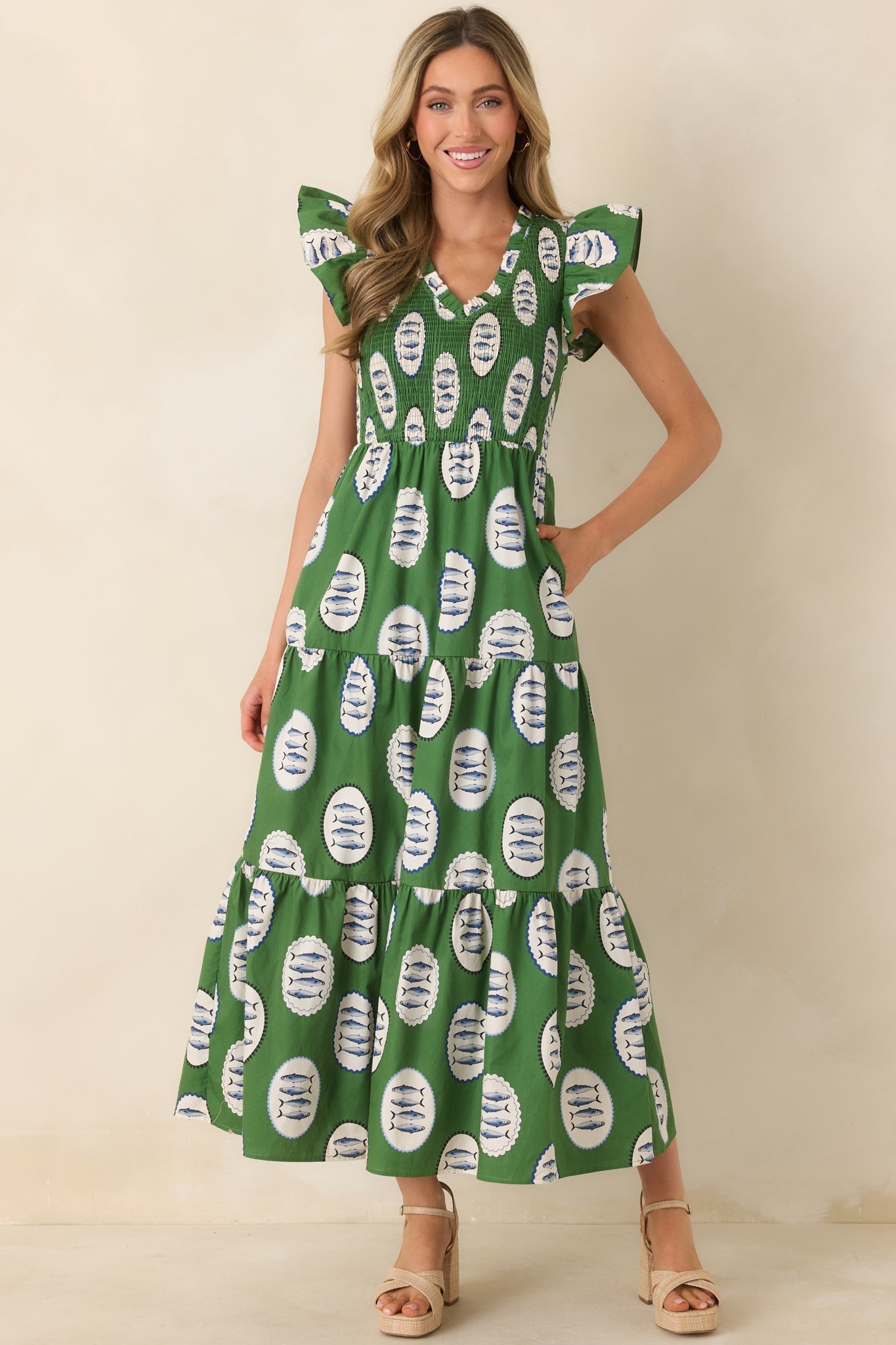 Women's Where the Sun Goes Green Multi Cotton Fish Pattern Maxi Dress | 100% Cotton 2