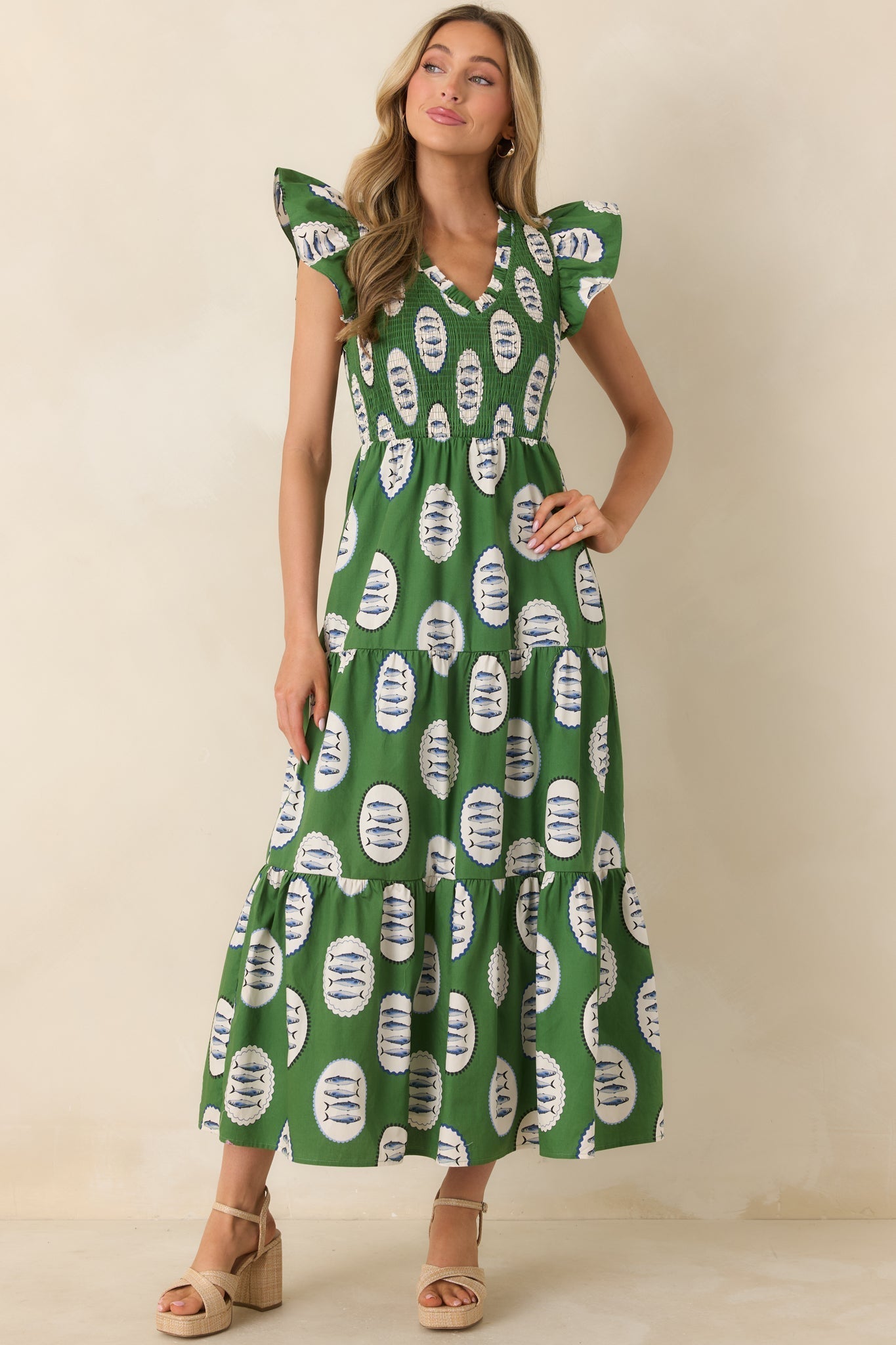 Women's Where the Sun Goes Green Multi Cotton Fish Pattern Maxi Dress | 100% Cotton 3