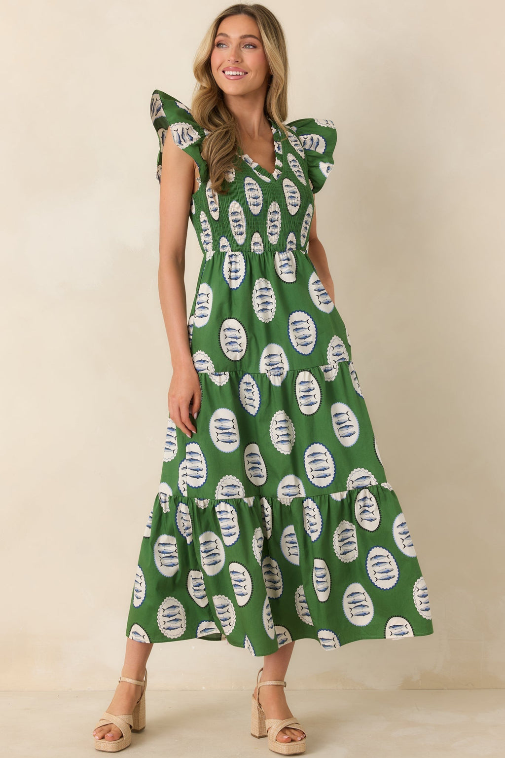 Women's Where the Sun Goes Green Multi Cotton Fish Pattern Maxi Dress | 100% Cotton 4