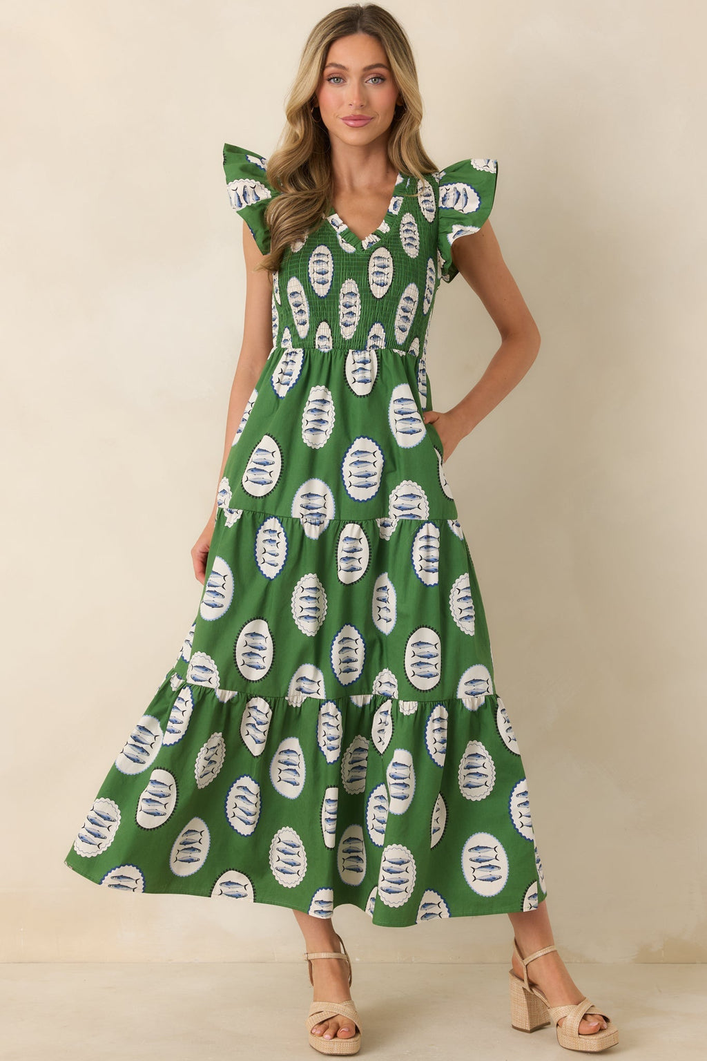Women's Where the Sun Goes Green Multi Cotton Fish Pattern Maxi Dress | 100% Cotton 5