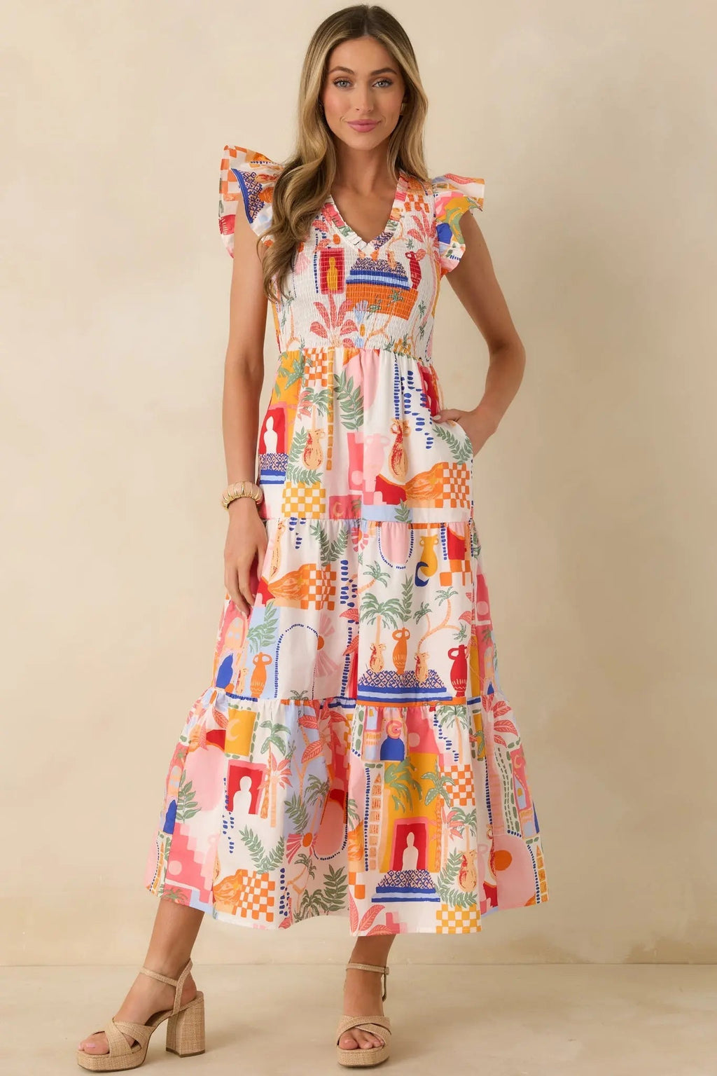 Women's Where the Sun Goes Orange & Pink Multi Cotton V-Neck Flutter Sleeve Maxi Dress | 100% Cotton 0