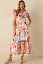 Women's Where the Sun Goes Orange & Pink Multi Cotton V-Neck Flutter Sleeve Maxi Dress | 100% Cotton 0