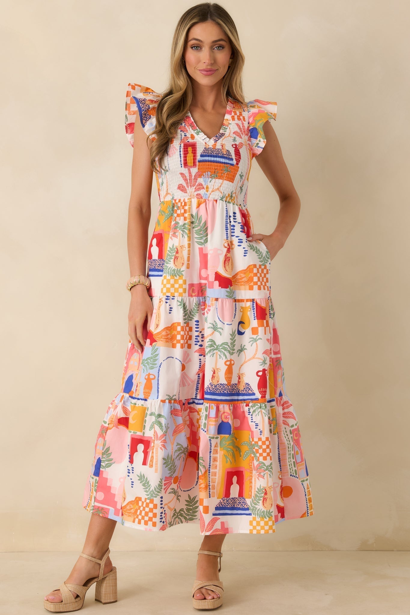 Women's Where the Sun Goes Orange & Pink Multi Cotton V-Neck Flutter Sleeve Maxi Dress | 100% Cotton 0