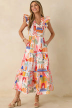 Women's Where the Sun Goes Orange & Pink Multi Cotton V-Neck Flutter Sleeve Maxi Dress | 100% Cotton 2