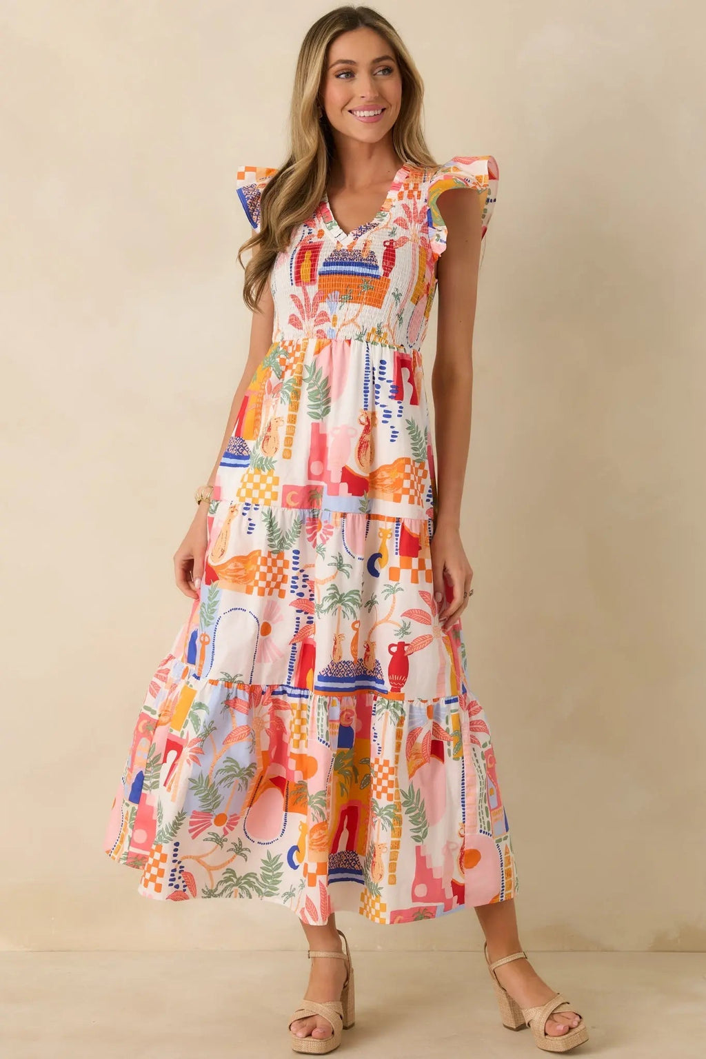 Women's Where the Sun Goes Orange & Pink Multi Cotton V-Neck Flutter Sleeve Maxi Dress | 100% Cotton 5